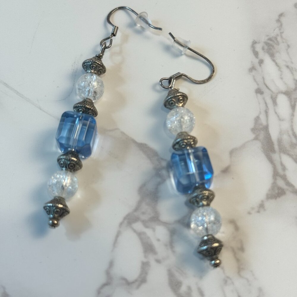 Blue Crystal & Clear Crackle Glass Beads Dangle Earrings